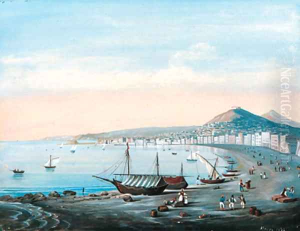 Figures and beached fishing boats on the Neapolitan coast Oil Painting by Neapolitan School