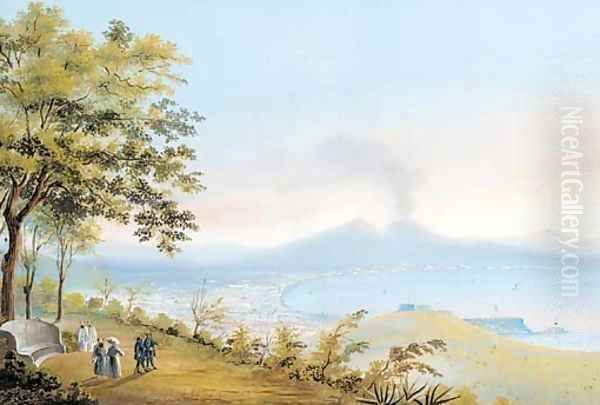 Figures overlooking the bay of Naples, Vesuvius beyond Oil Painting by Neapolitan School