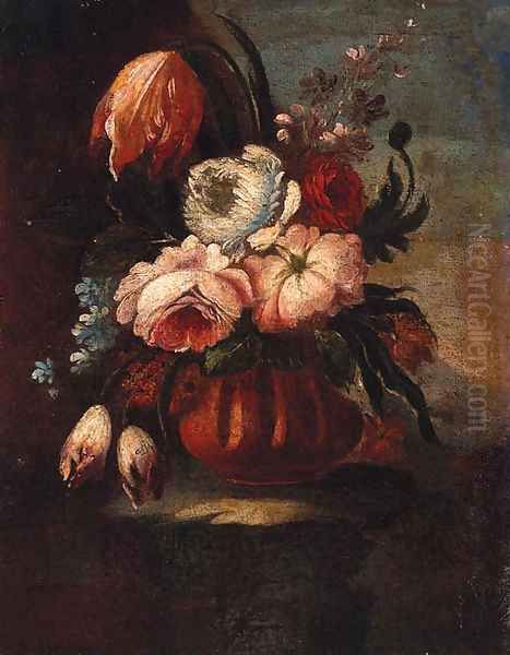 Flowers in urns in a landscape Oil Painting by Neapolitan School