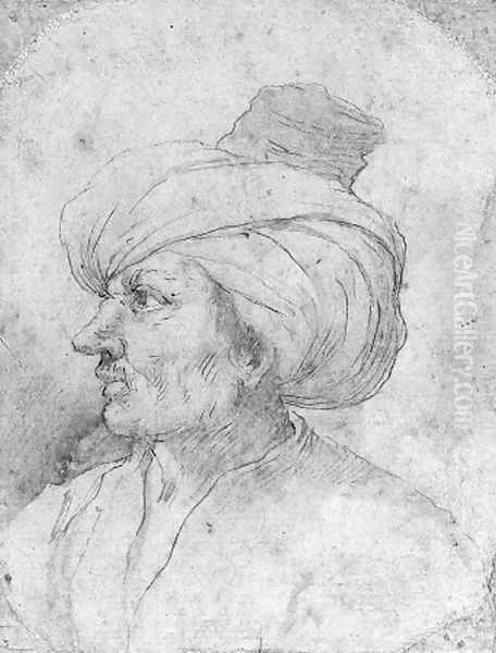 Head of a man in a turban in profile to the left Oil Painting by Neapolitan School