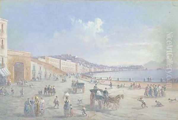 Horse-drawn carriages on the Riviera di Chiaia, Naples Oil Painting by Neapolitan School