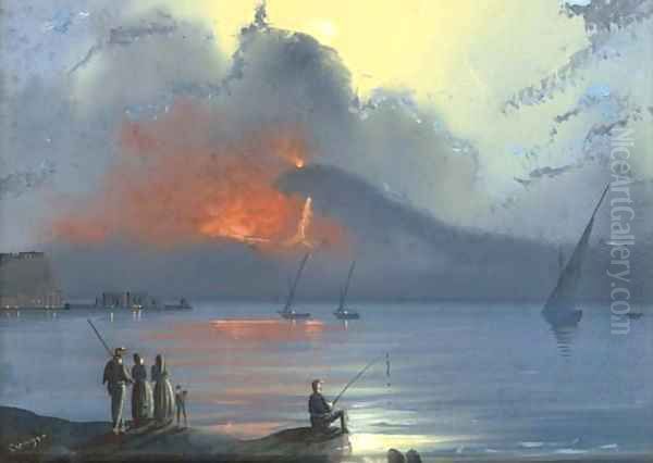 Vesuvius erupting at dusk Oil Painting by Neapolitan School