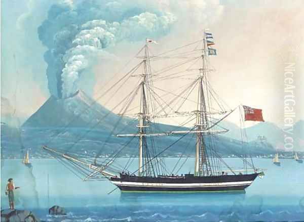 An English merchantman lying at anchor in the Bay of Naples with Vesuvius erupting beyond (illustrated) Oil Painting by Neapolitan School