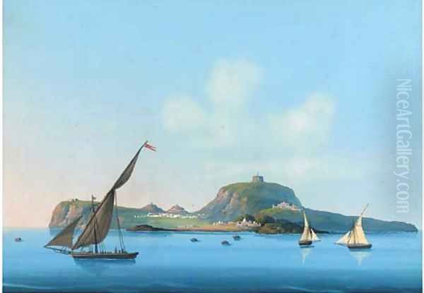 Xebecs before an island off the Italian coast Oil Painting by Neapolitan School