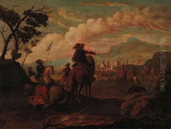 Cavalrymen before a town in an extensive landscape Oil Painting by Francesco Simonini