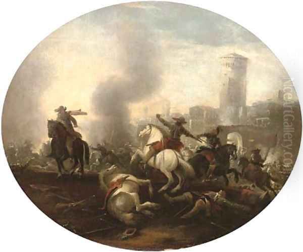 A cavalry battle before a castle Oil Painting by Francesco Simonini