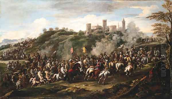 A cavalry charge beneath a hilltop fortified town Oil Painting by Francesco Simonini