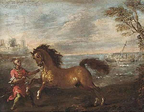 A coastal inlet with a Turk attending a horse Oil Painting by Francesco Simonini