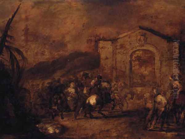 A cavalry skirmish before a classical gateway Oil Painting by Francesco Simonini