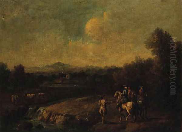 A wooded River Landscape with Huntsmen on a Track Oil Painting by Francesco Simonini