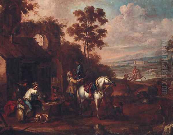 Sportsmen taking refreshment and playing cards at an inn Oil Painting by Francesco Simonini