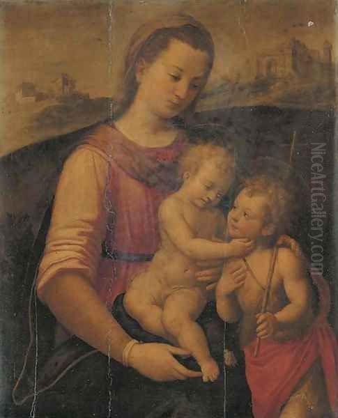 The Madonna and Child with the Infant Saint John the Baptist, a landscape beyond Oil Painting by Florentine School