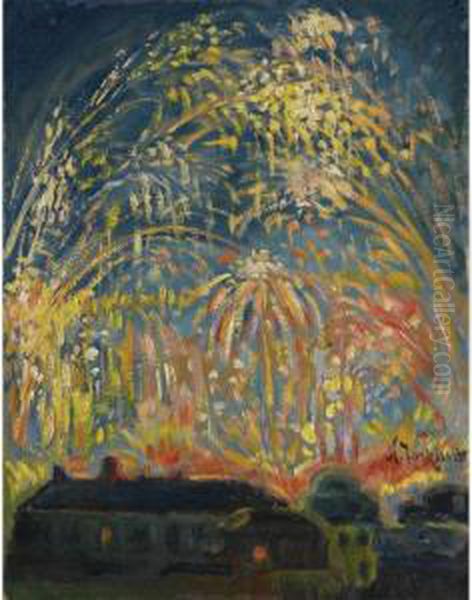 Fireworks In Nice Oil Painting by Nicolas Tarkhoff