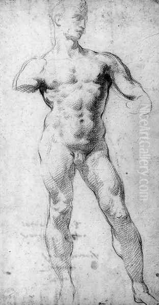 A nude in the pose of Michelangelo's David Oil Painting by Florentine School