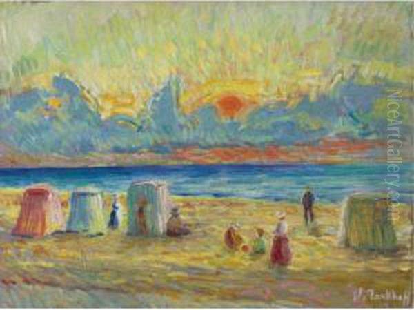 Plage Animee Au Cocher De Soleil Oil Painting by Nicolas Tarkhoff