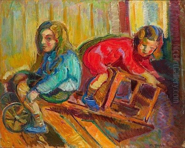 Deux Enfants Jouant A L'automobile Oil Painting by Nicolas Tarkhoff