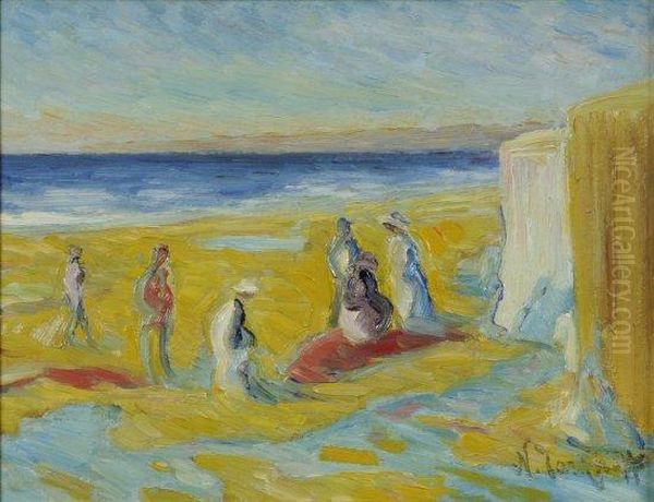 Scene De Plage A Souillac (etude) Oil Painting by Nicolas Tarkhoff