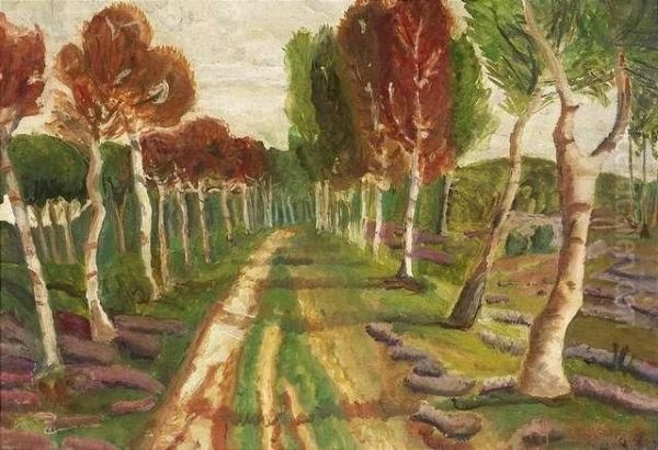 A Tree-lined Way In Autumn. Oil/cardboard, Inscribed Oil Painting by Nicolas Tarkhoff