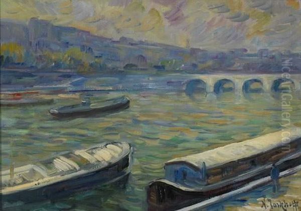 Twilight On The Seine Oil Painting by Nicolas Tarkhoff