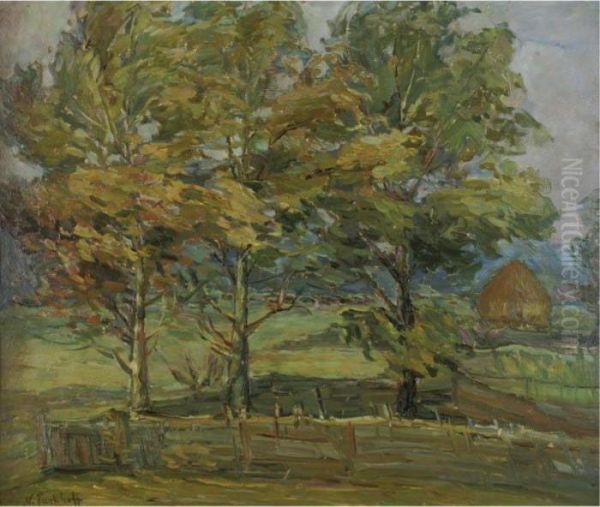 Landscape With Trees And Haystack Oil Painting by Nicolas Tarkhoff