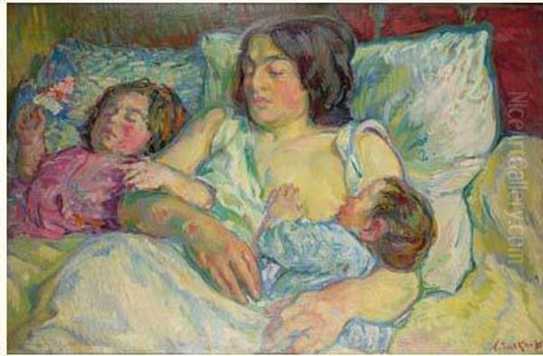 Madame Tarkhoff Et Ses Deux Enfants, Jean Et Boris Oil Painting by Nicolas Tarkhoff