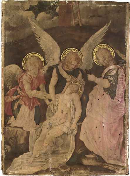 The body of Christ supported by two angels, Saint John the Evangelist to the right Oil Painting by Florentine School