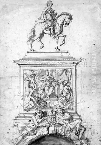 An Admiral on horseback on a pedestal decorated with reliefs and river gods Oil Painting by Flemish School