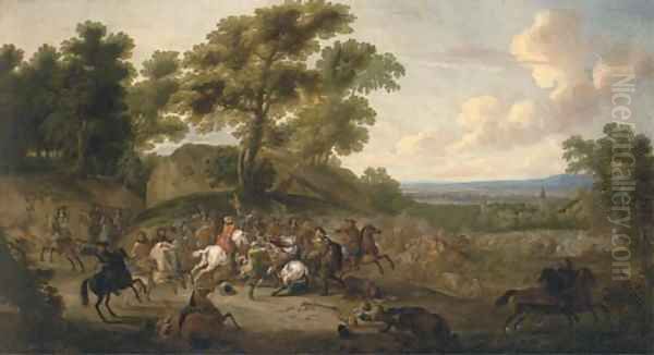 An extensive landscape wtih a cavalry battle, a church beyond Oil Painting by Flemish School