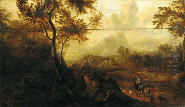 Travellers on a track by a hillside town Oil Painting by Flemish School