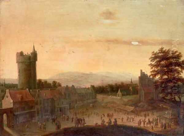 A crowded town square with a castle tower beyond Oil Painting by Flemish School