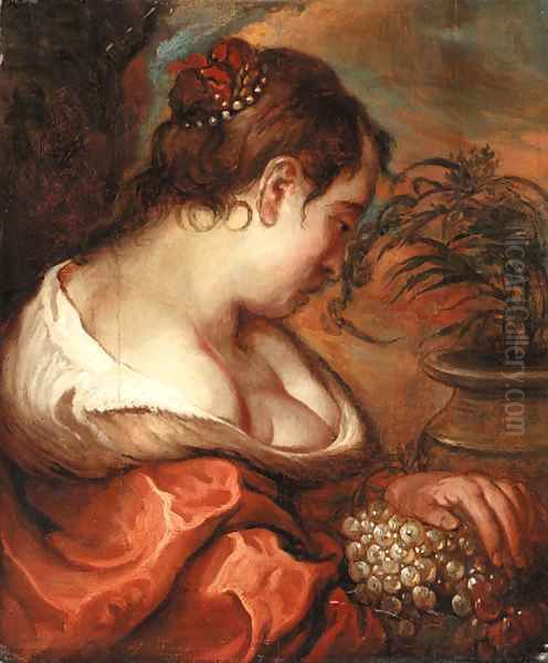 A woman holding a bunch of grapes Oil Painting by Flemish School