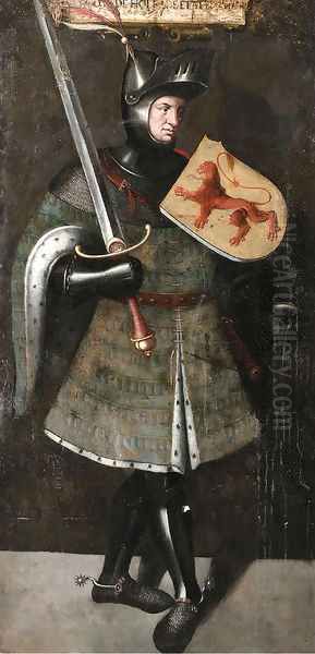 A Knight, full length, holding a Sword and Shield Oil Painting by Flemish School