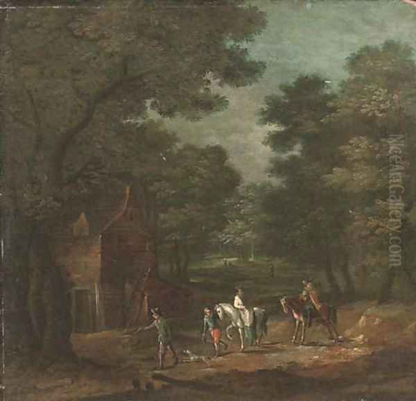 A wooded landscape with hunters by a cottage Oil Painting by Flemish School