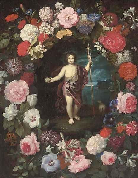 Saint John the Baptist in a floral cartouche Oil Painting by Flemish School