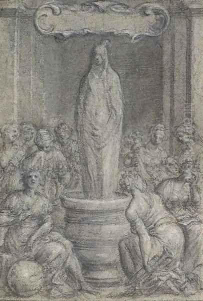 A scene of mourning Female figures including the Muses surrounding a draped figure standing on an altar Oil Painting by Flemish School