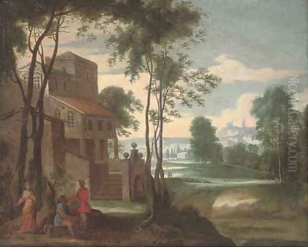 A wooded landscape with figures by a country house Oil Painting by Flemish School