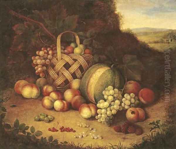 Bunches of grapes and lemons in a basket with peaches Oil Painting by Flemish School