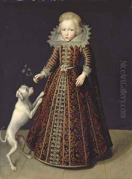 Portrait of a young boy, full-length, in a black dress with red brocade and a lace collar and cuffs Oil Painting by Flemish School