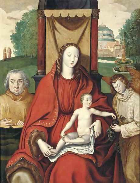 The Virgin and Child with an angel and a donor, a castle beyond Oil Painting by Flemish School