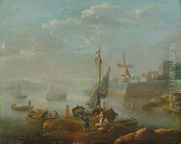 A river estuary with boats, a windmill beyond Oil Painting by Flemish School