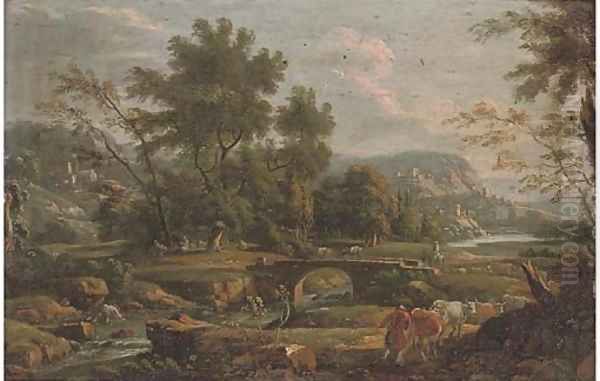 A river landscape with a drover and his cattle, a bridge and town beyond Oil Painting by Flemish School