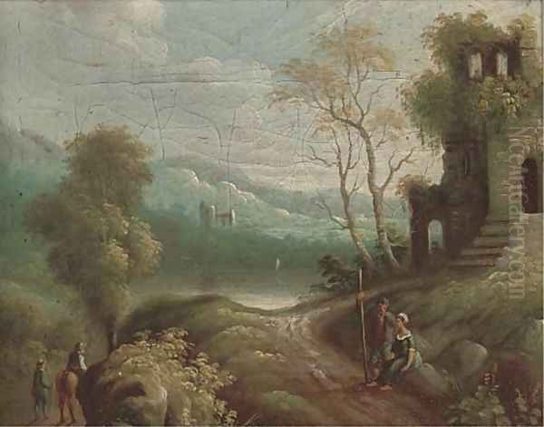 A river landscape with peasants on a path Oil Painting by Flemish School