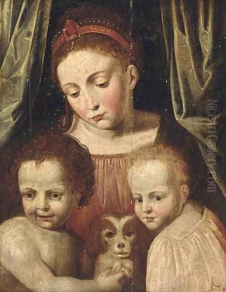 A woman and two children with a dog Oil Painting by Flemish School