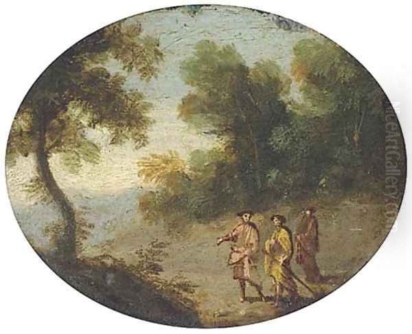 A wooded landscape with travellers on a path Oil Painting by Flemish School