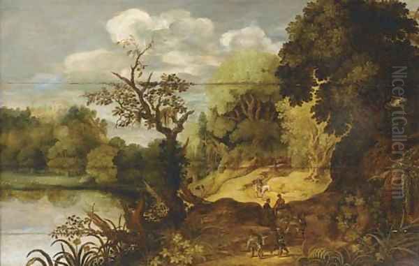 A wooded landscape with travellers on a track by a lake Oil Painting by Flemish School