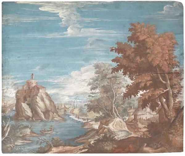 An extensive river landscape, a church to the left Oil Painting by Flemish School