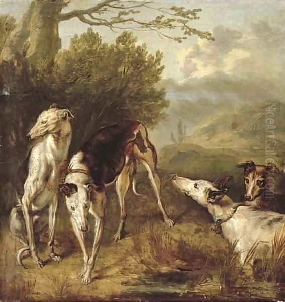 Four greyhounds in a wooded landscape Oil Painting by Flemish School