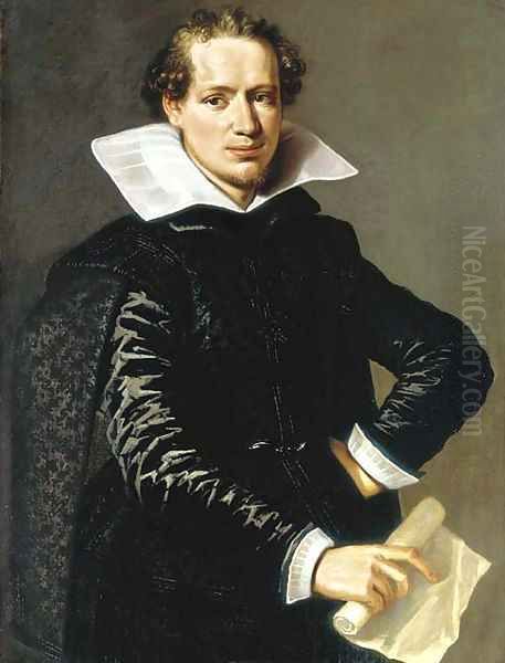 Portrait of a gentleman, three-quarter-length, in a black doublet holding a letter Oil Painting by Flemish School