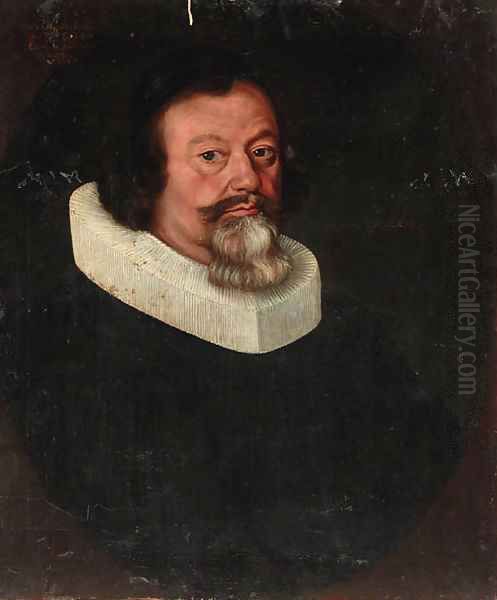 Portrait of a gentleman, three-quarter-length, in a black jacket and a ruff collar Oil Painting by Flemish School