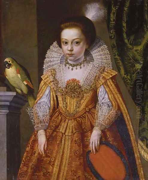 Portrait of a lady, three-quarter-length, in an elaborate jeweled dress holding a feather fan Oil Painting by Flemish School